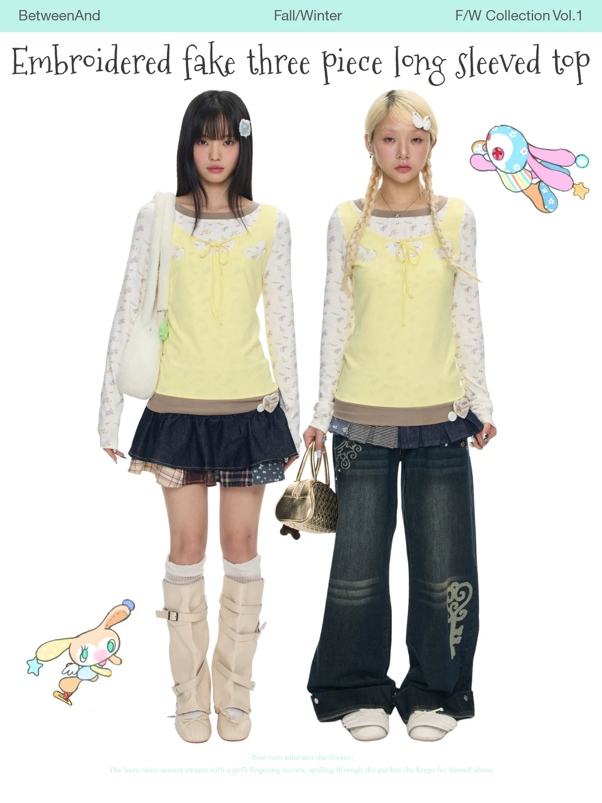 Embroidered fake three piece long sleeved top