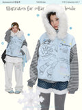 Illustration fur collar and fleece hoodie