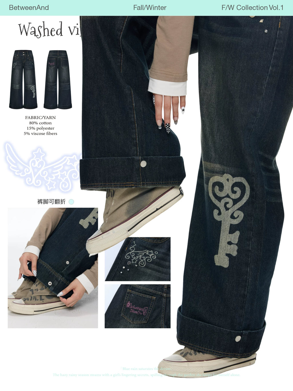 Washed vintage cat whisker denim pants