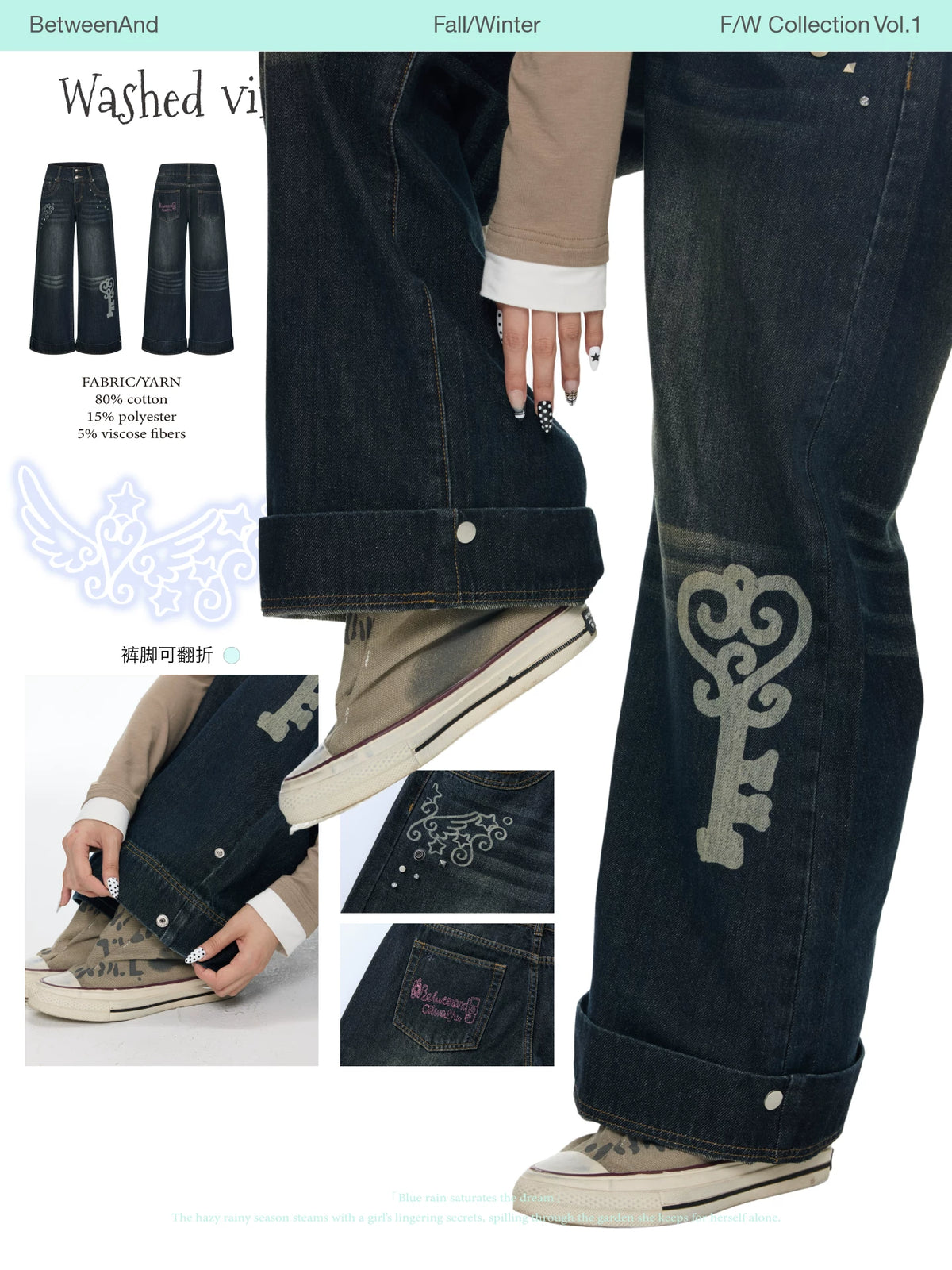 Washed vintage cat whisker denim pants