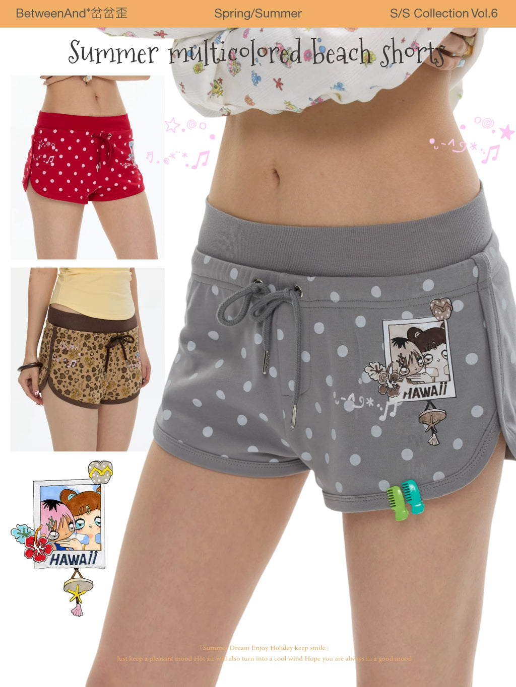 Summer multicolored beach shorts with polka dots