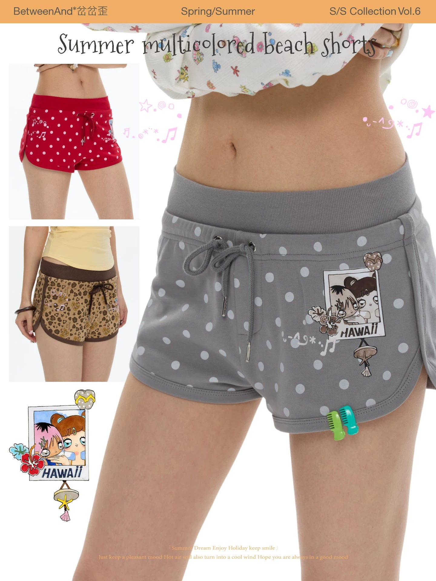 Summer multicolored beach shorts with polka dots