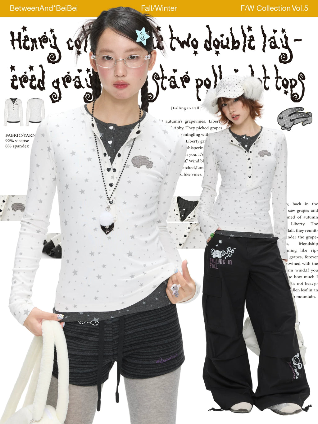 Henry collar fake two piece gray and white star polka dot top