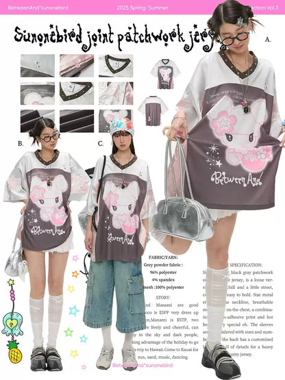 Silver oversized breathable t-shirt with patchwork jersey design