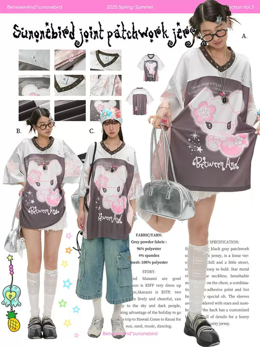 Silver oversized breathable t-shirt with patchwork jersey design