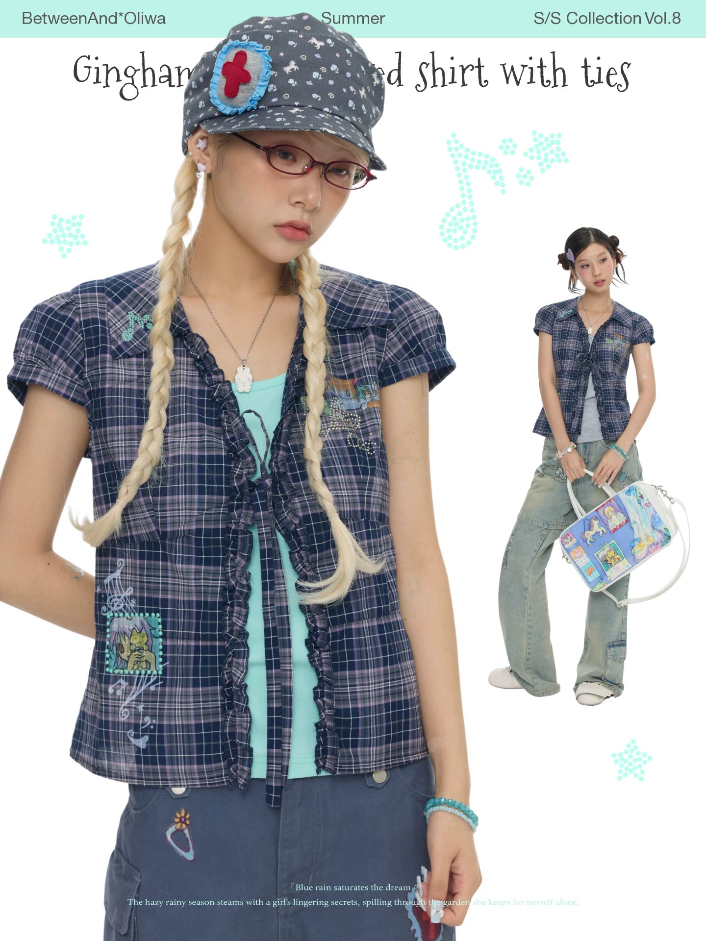 Gingham short-sleeved shirt top with ties