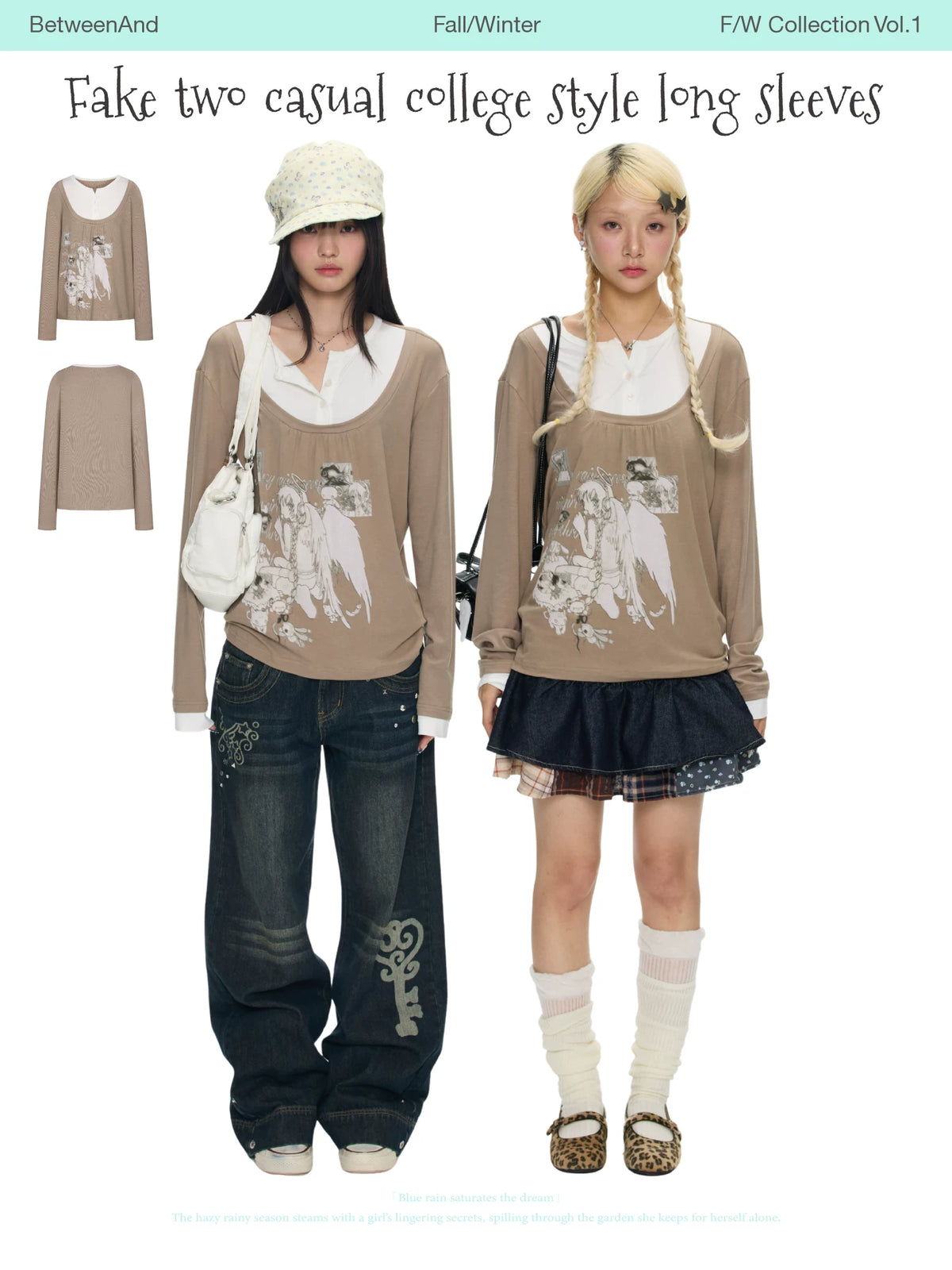 Fake two-piece casual college style long sleeved top