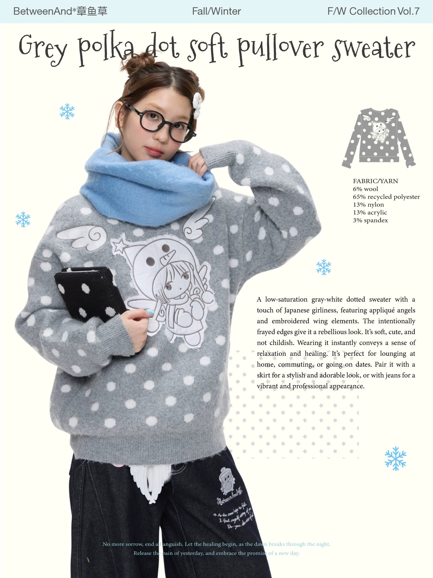 Grey polka dot soft pullover sweater with penguin angel print