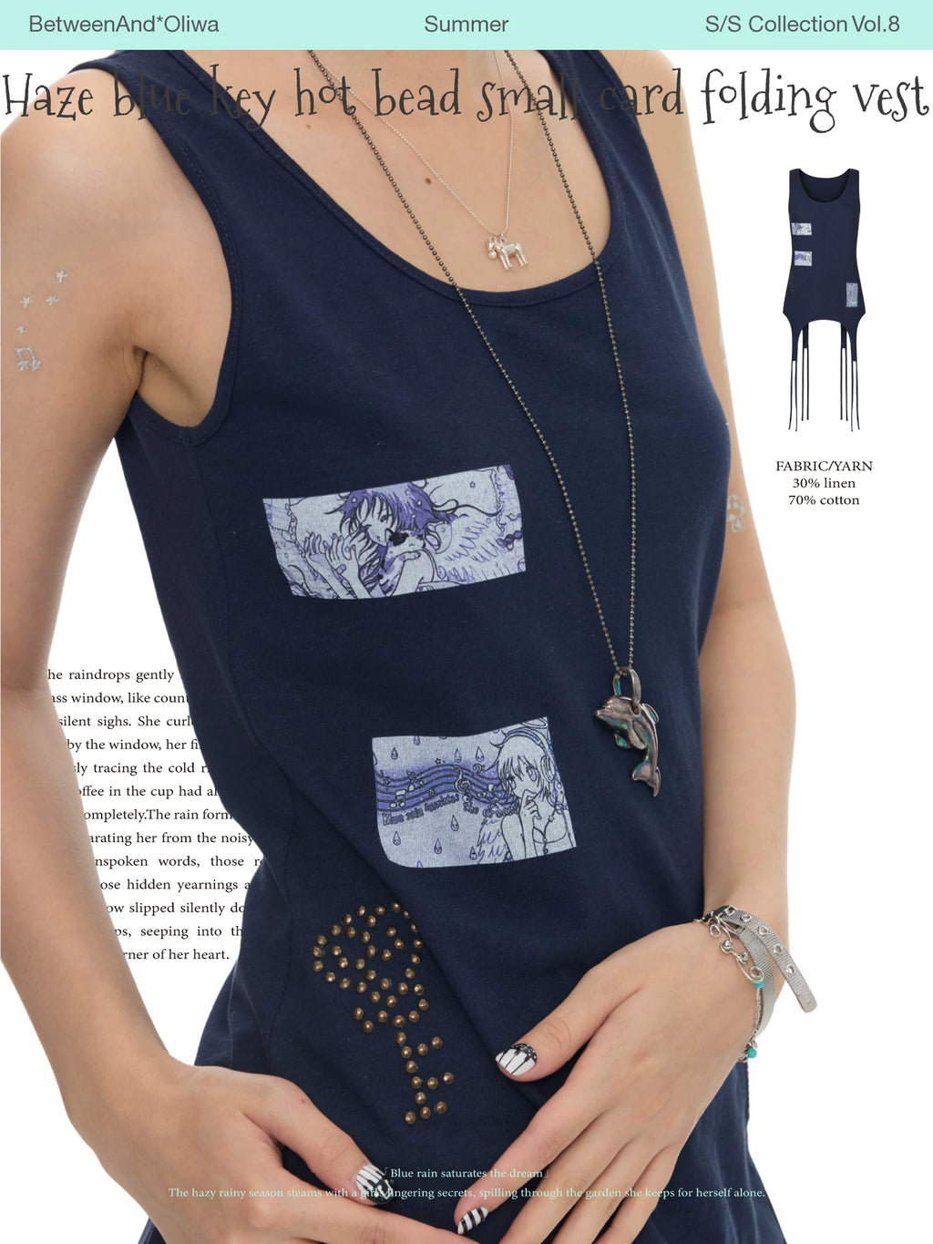 Haze blue key hot bead small card folding vest top