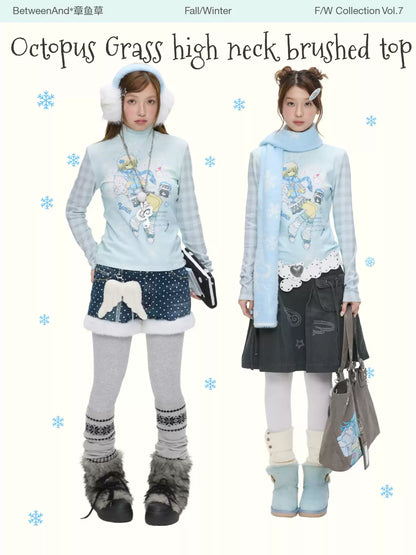 All-over print brushed mock-neck long-sleeve top