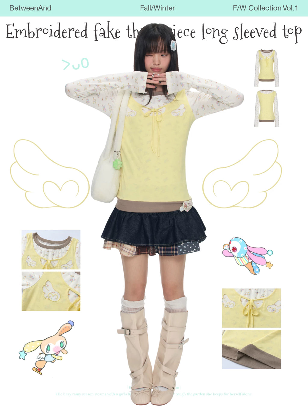 Embroidered fake three piece long sleeved top