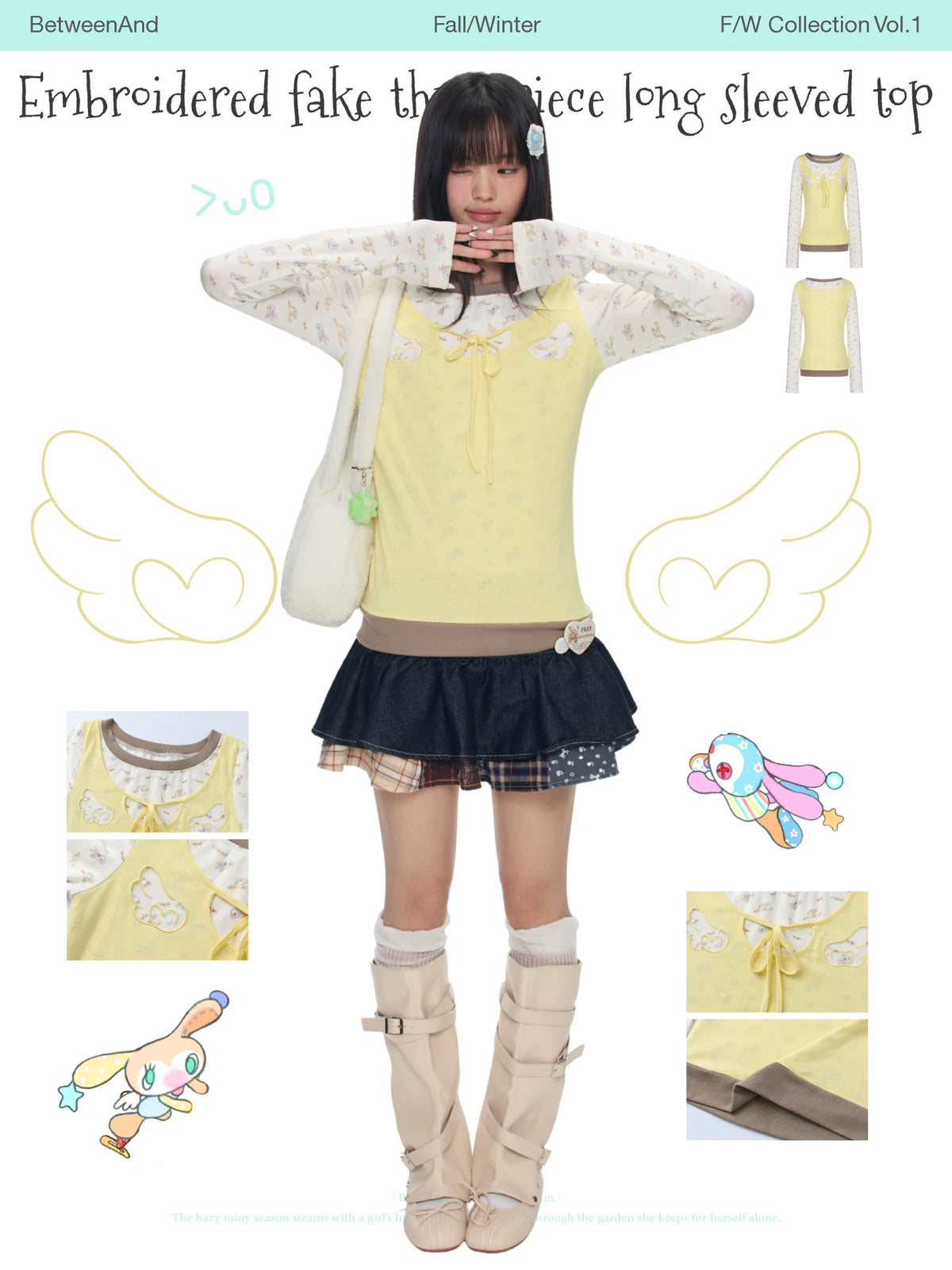Embroidered fake three piece long sleeved top