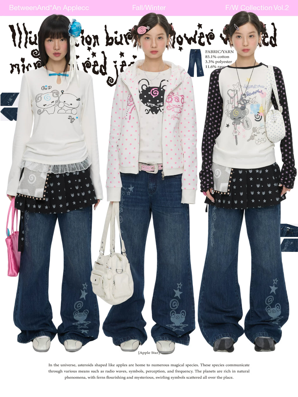 Illustration burned flower washed micro flared jeans