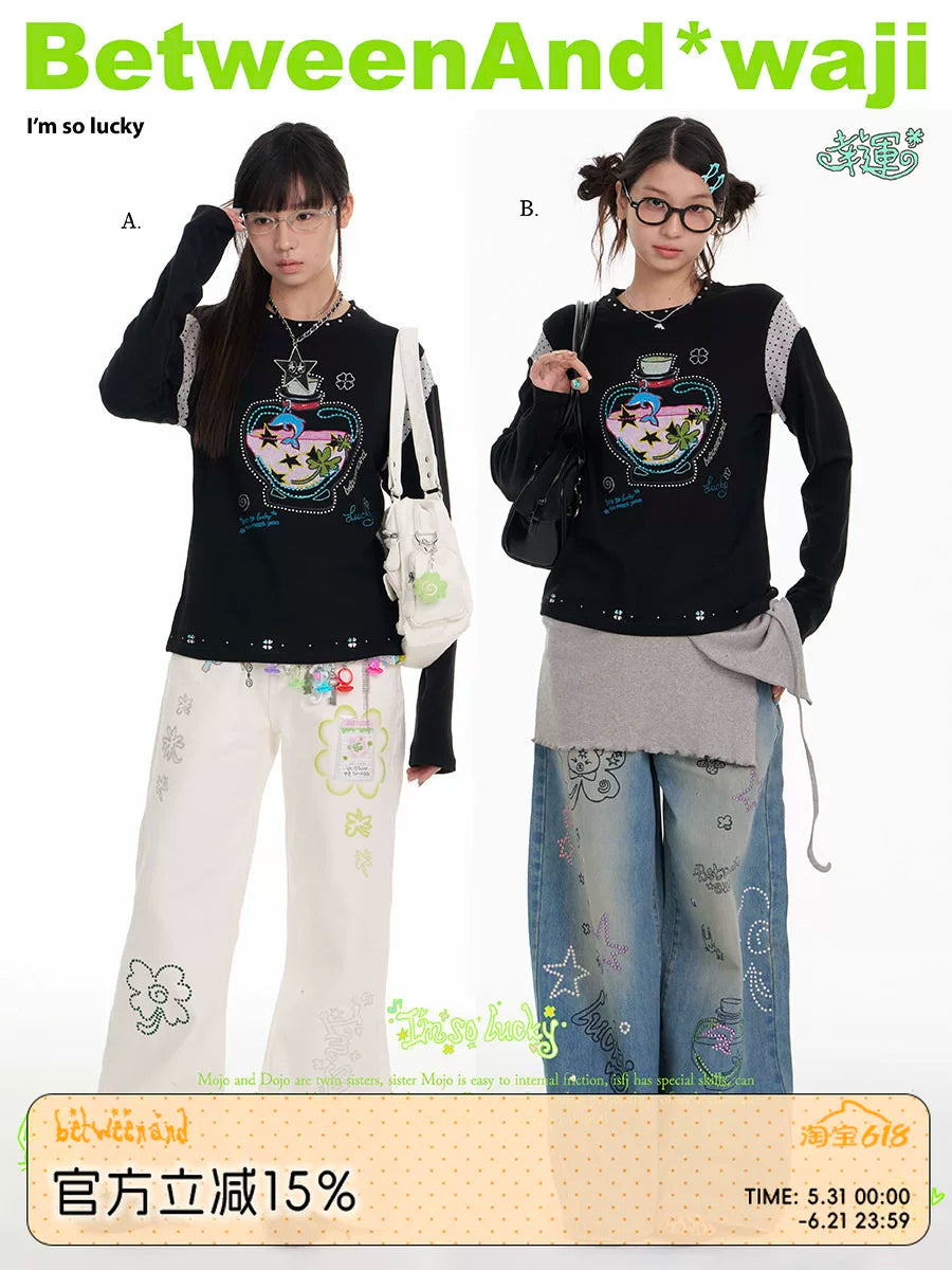 Black dolphin “lucky bottle” rhinestone patchwork long-sleeve tee