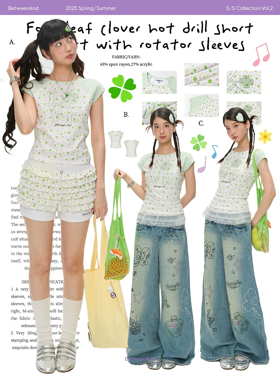 LOVE Four-leaf clover hot drill short t-shirt