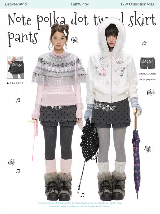 Grey wool skort with music-note polka-dot design