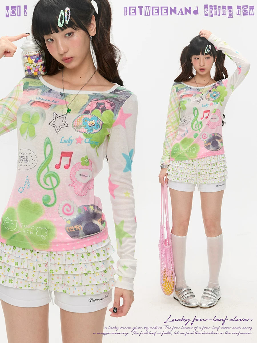 Y2K music note print long sleeve top with patchwork design