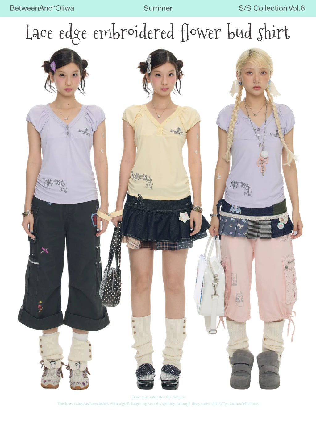 Lace edge ebroidered flower bud shirts