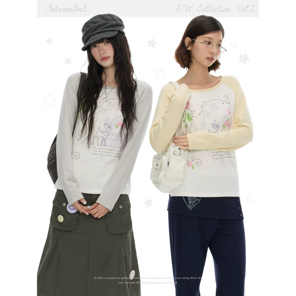 Music note and rose print long sleeve top