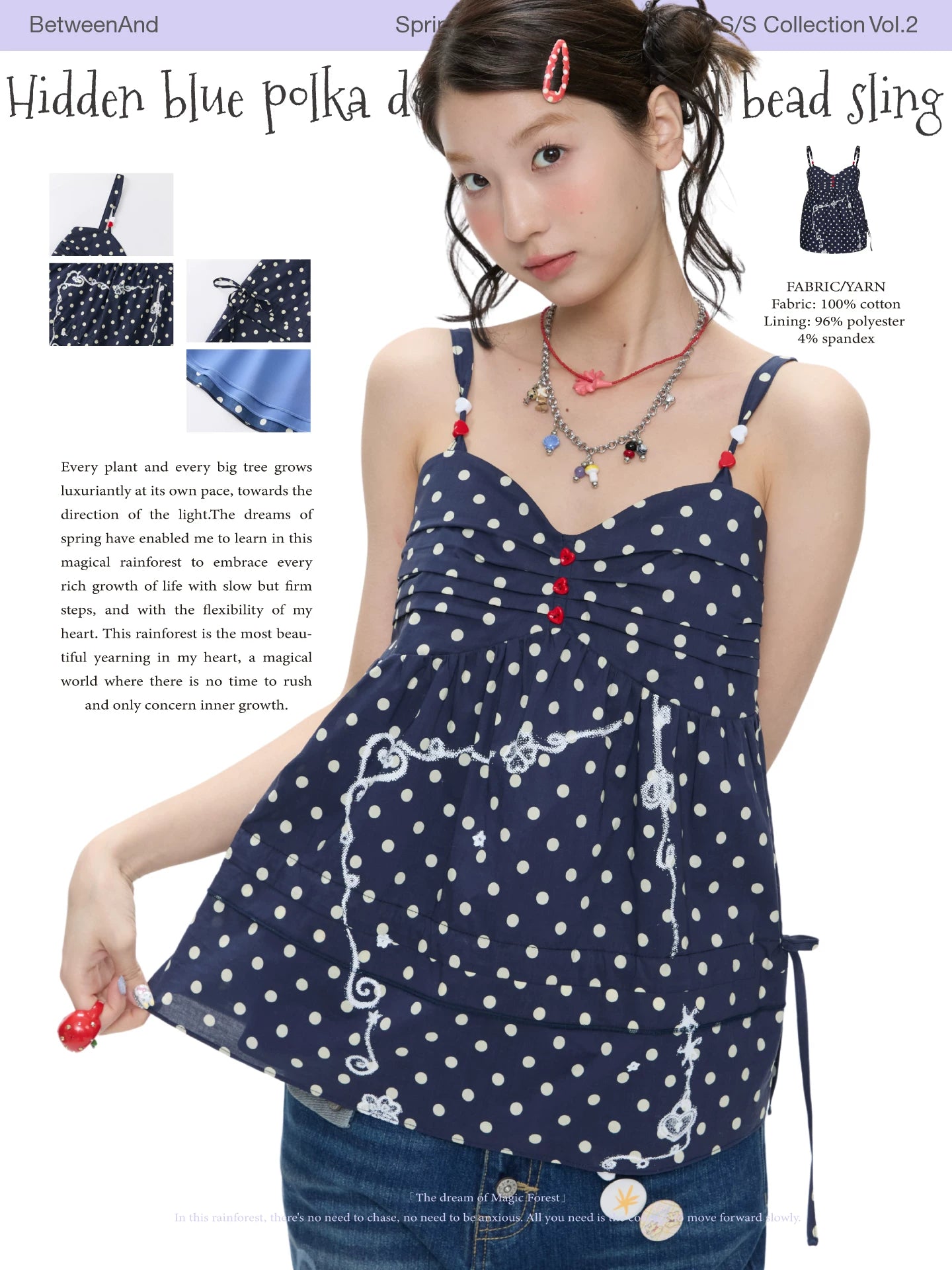Hidden blue polka dot heart-shaped bead sling tank top