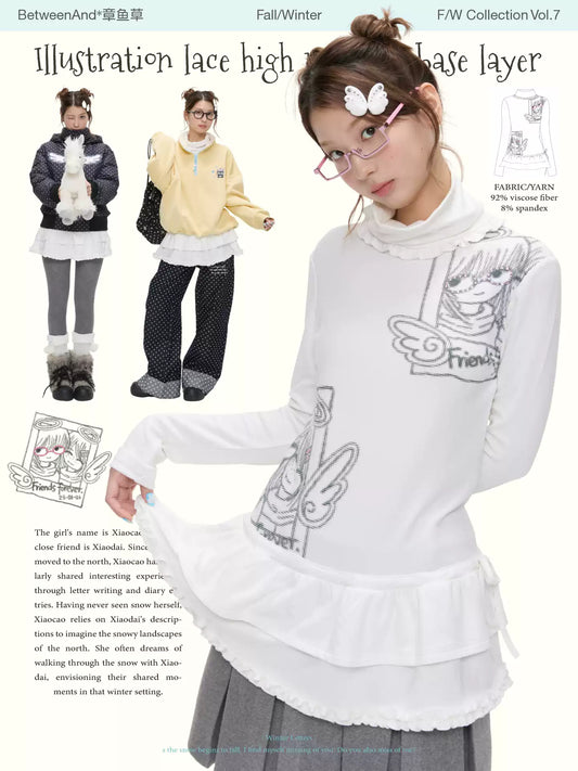 White brushed mock-neck floral print layered top