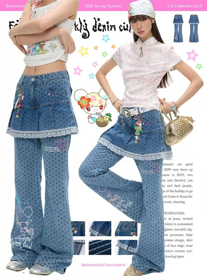 Denim star rhinestone flared skort with glitter two piece design