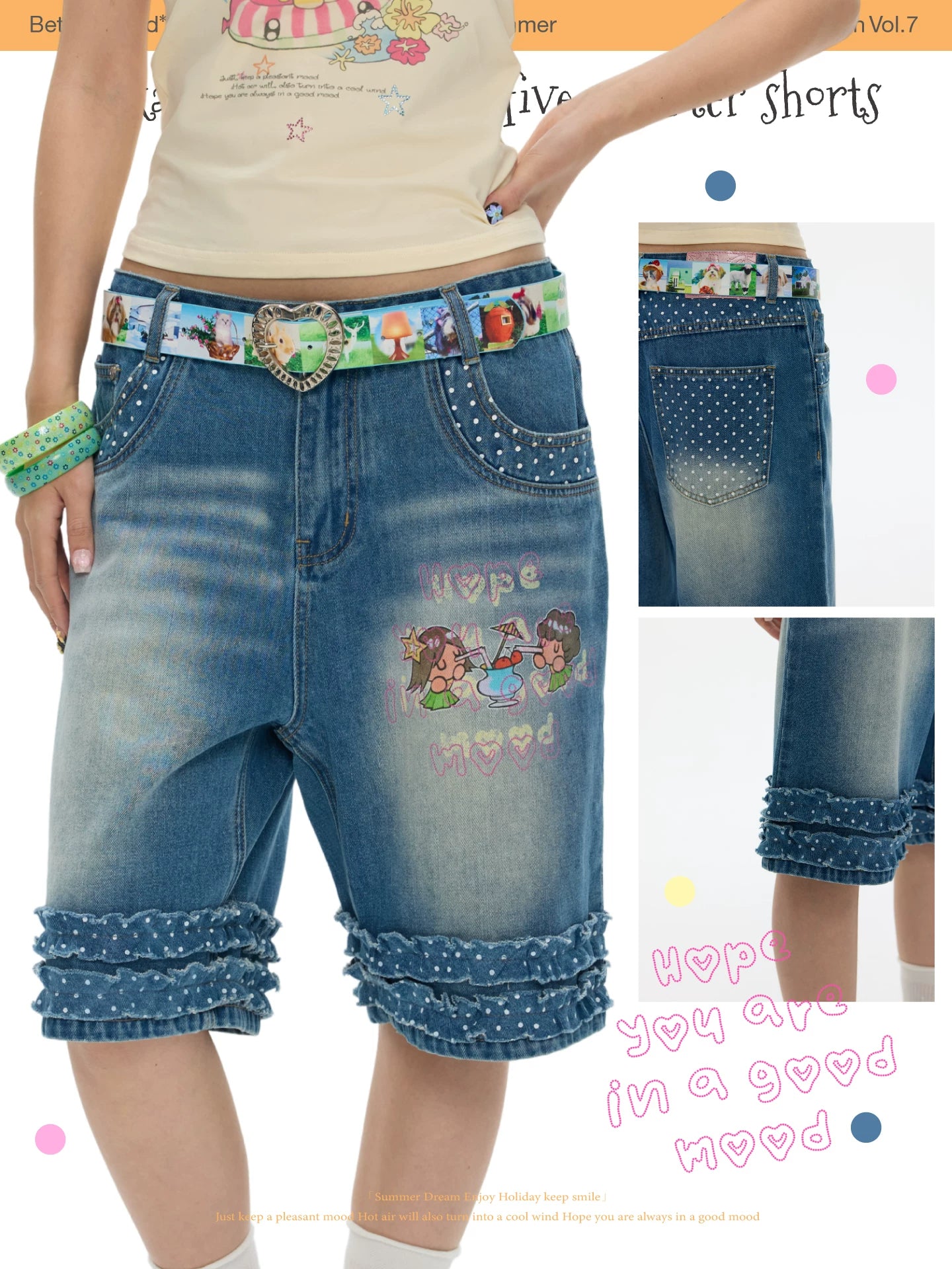 Polka dot lace denim five quarter shorts