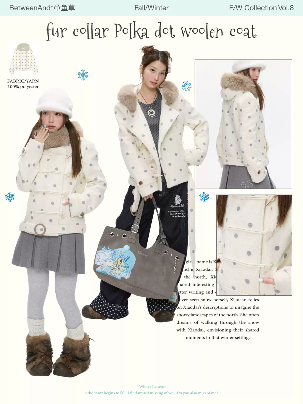Fur collar Polka dot woolen coat