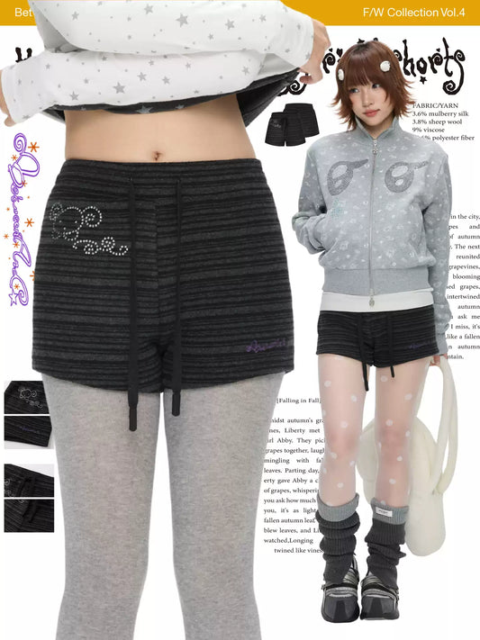 Vintage dark-grey striped rhinestone stretch shorts