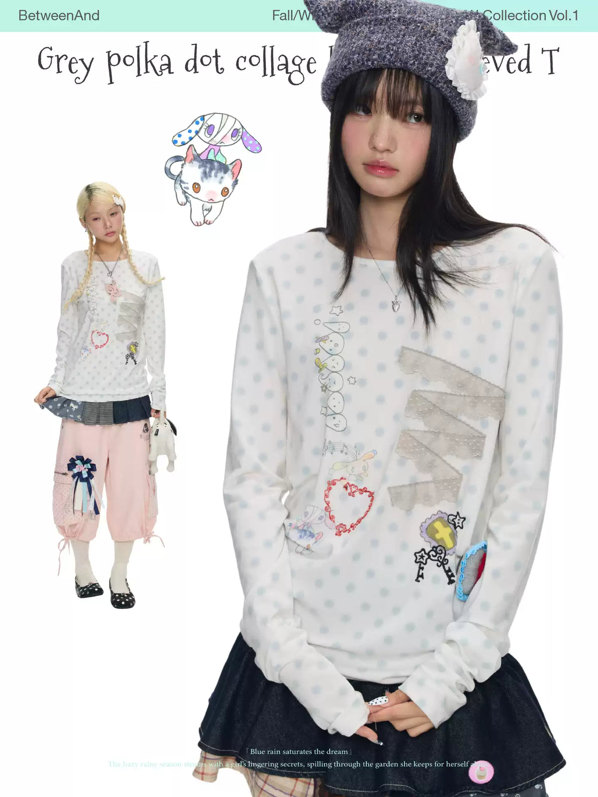 Gray polka dot collage lace long sleeved top