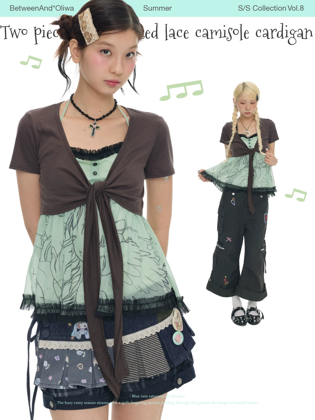 Two piece set of pleated lace camisole cardigan