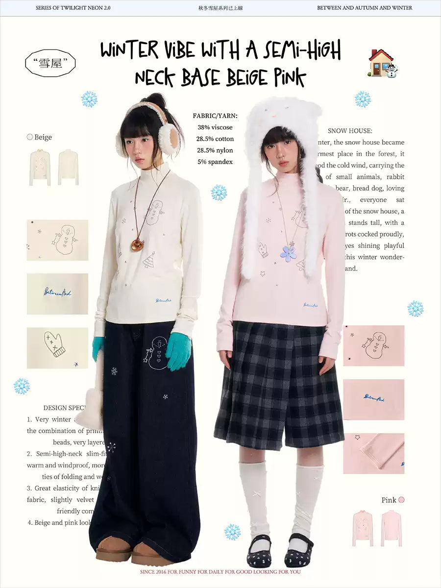 “Winter Creamy Soft” mock-neck fitted long-sleeve base top with rhinestone details