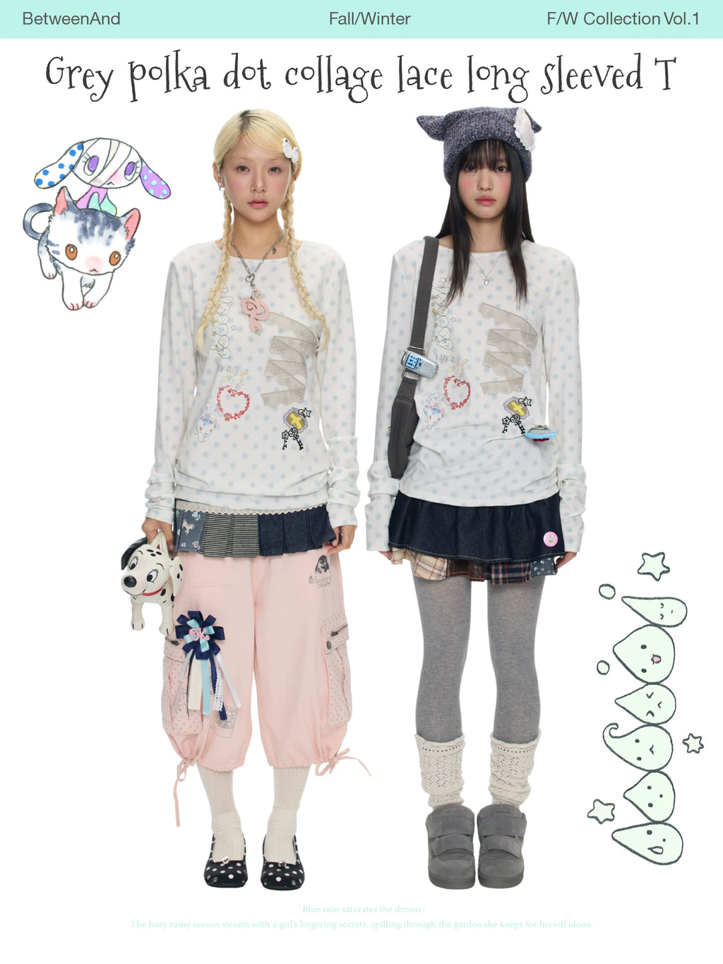 Gray polka dot collage lace long sleeved top