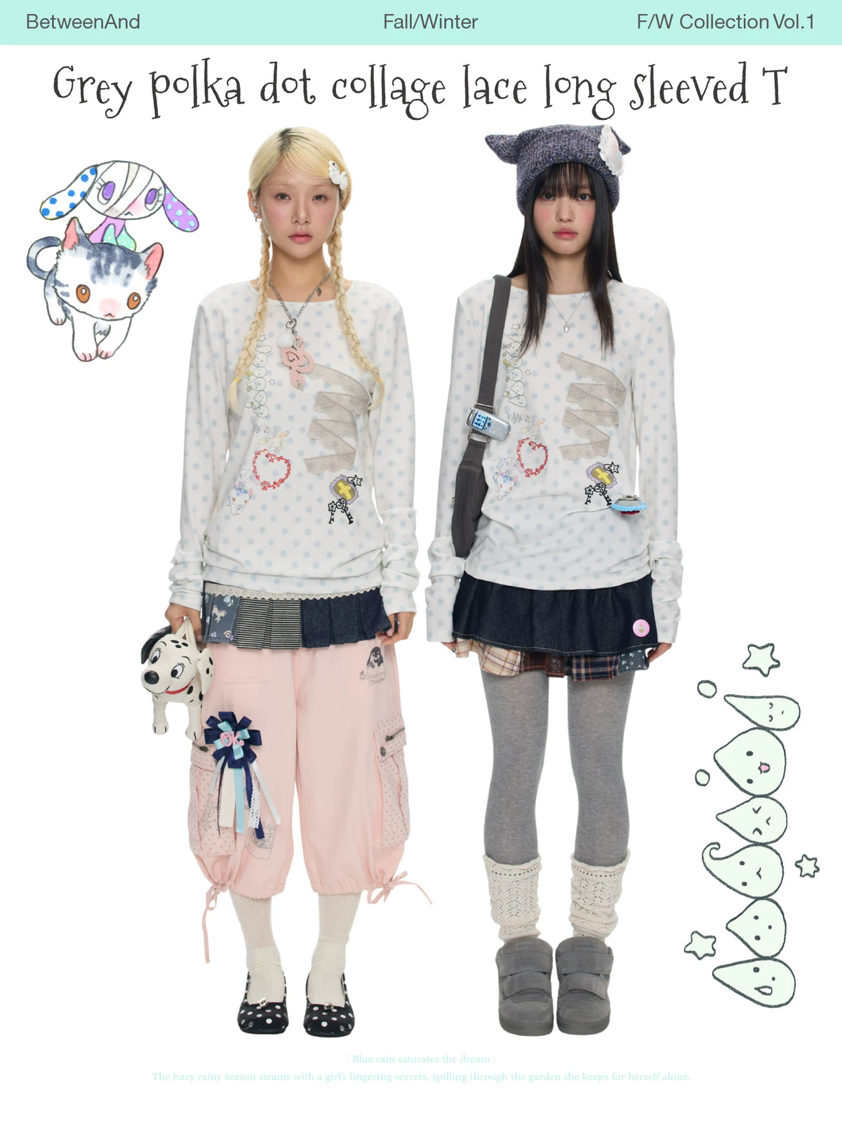 Gray polka dot collage lace long sleeved top