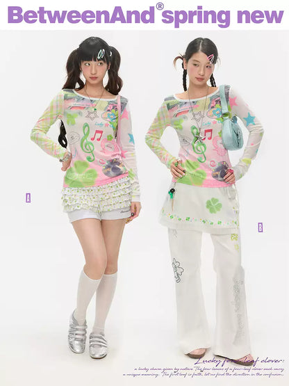 Y2K music note print long sleeve top with patchwork design
