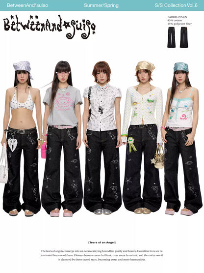 Denim low waist straight jeans with glitter finish