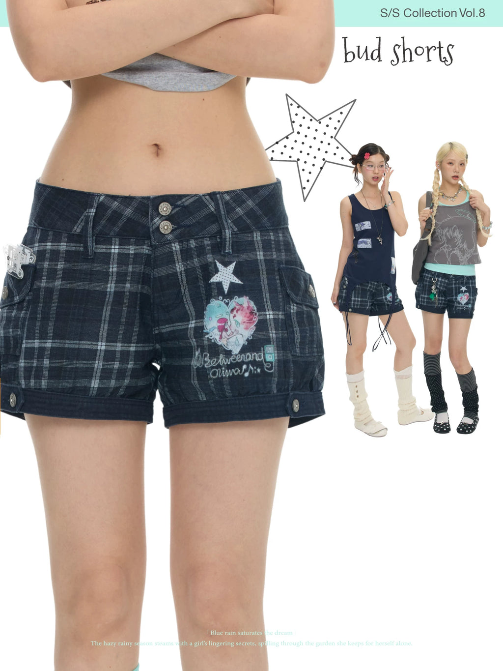 Plaid ancient denim flower bud shorts