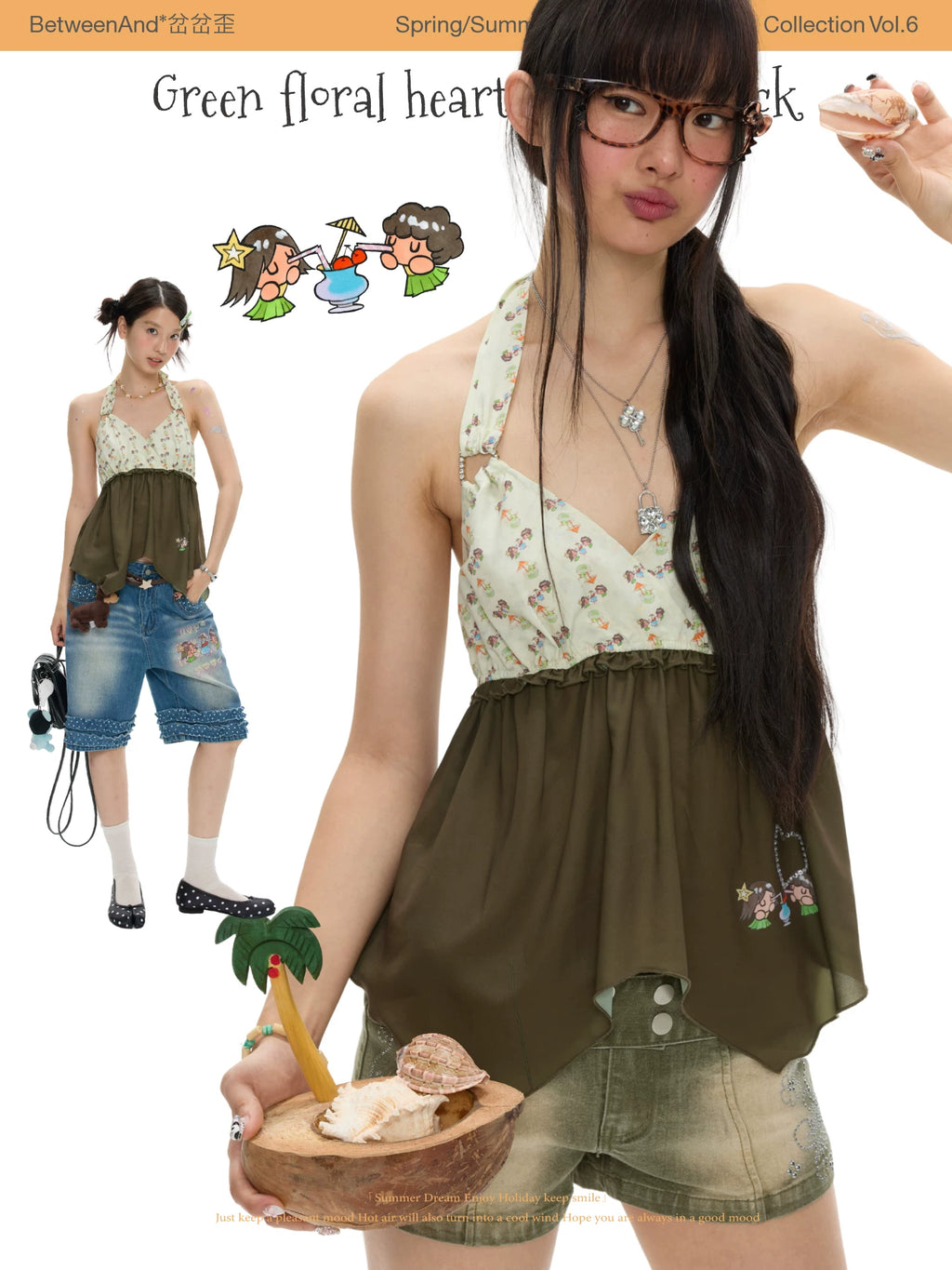 Green floral heart hanging neck top
