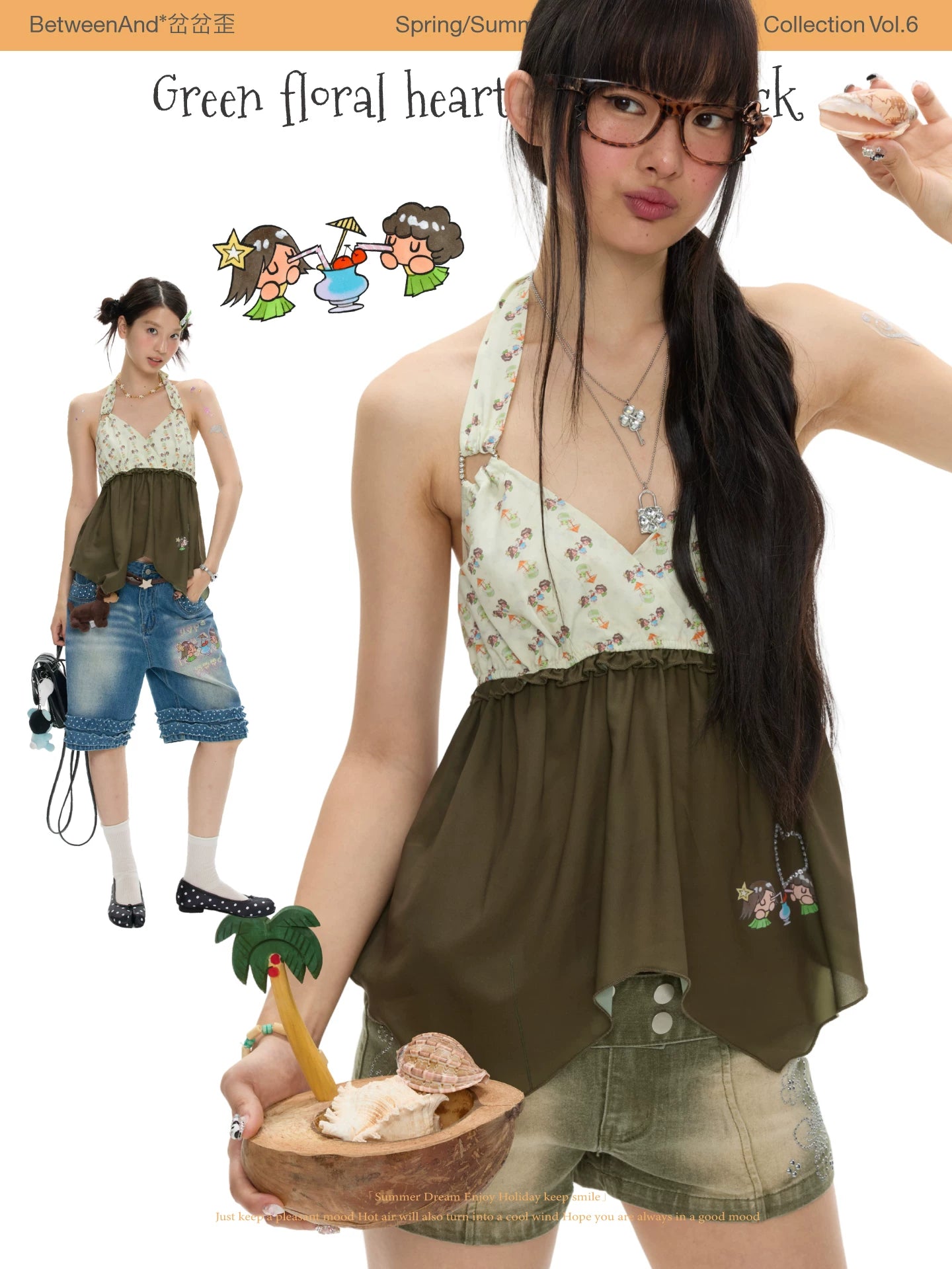 Green floral heart hanging neck top