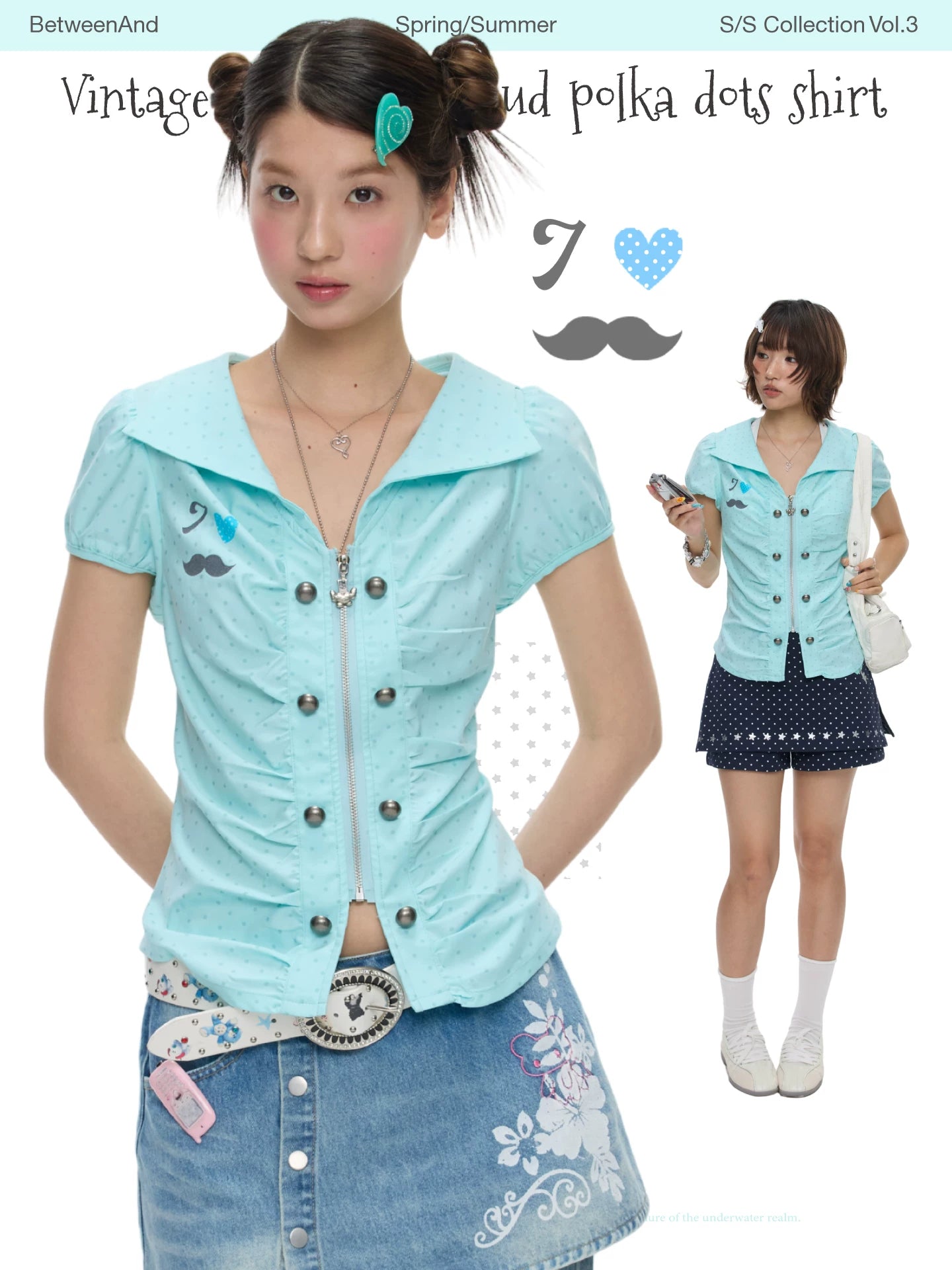 Vintage style flower bud polka dots mint top