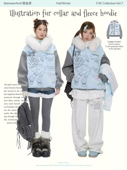 Sea-salt blue striped raglan fleece hoodie with faux fur collar