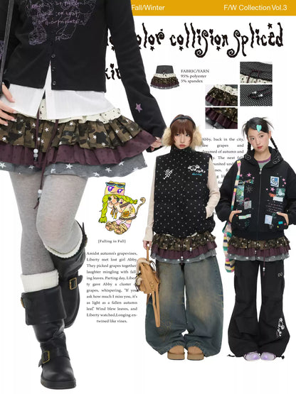 Star polka-dot patchwork ruffle skirt