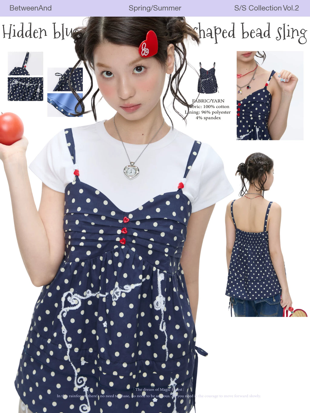 Hidden blue polka dot heart-shaped bead sling tank top