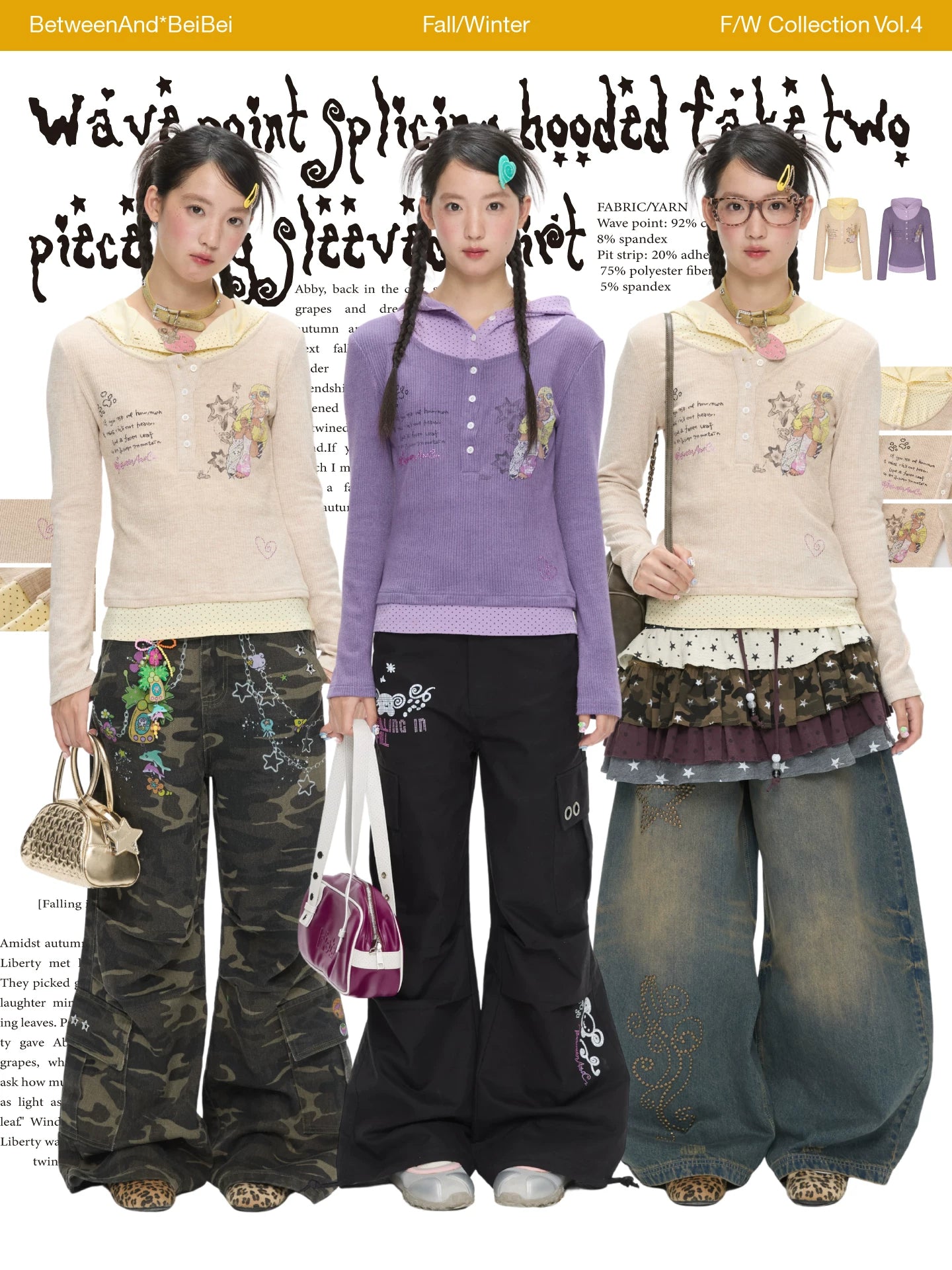 Wave point splicing hooded fake two piece long sleeve top