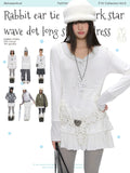 Rabbit ear tie layered white dress with star and polka dot print