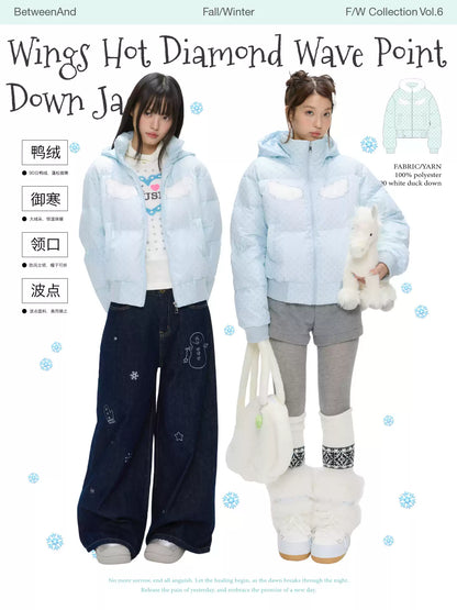 Baby blue polka dot down jacket with hood and warm duck filling