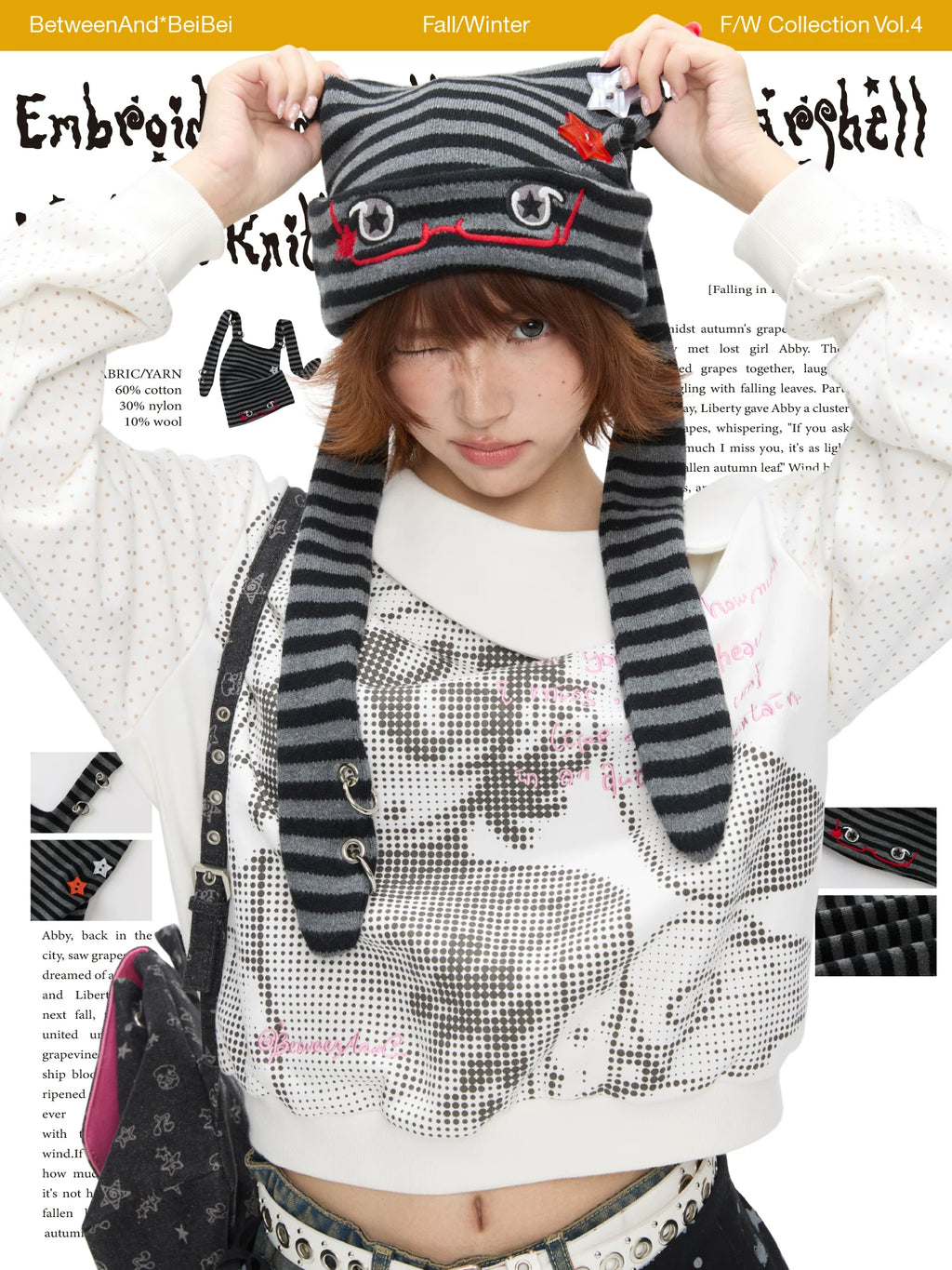 Embroidered knitted rabbit ears beanie hat