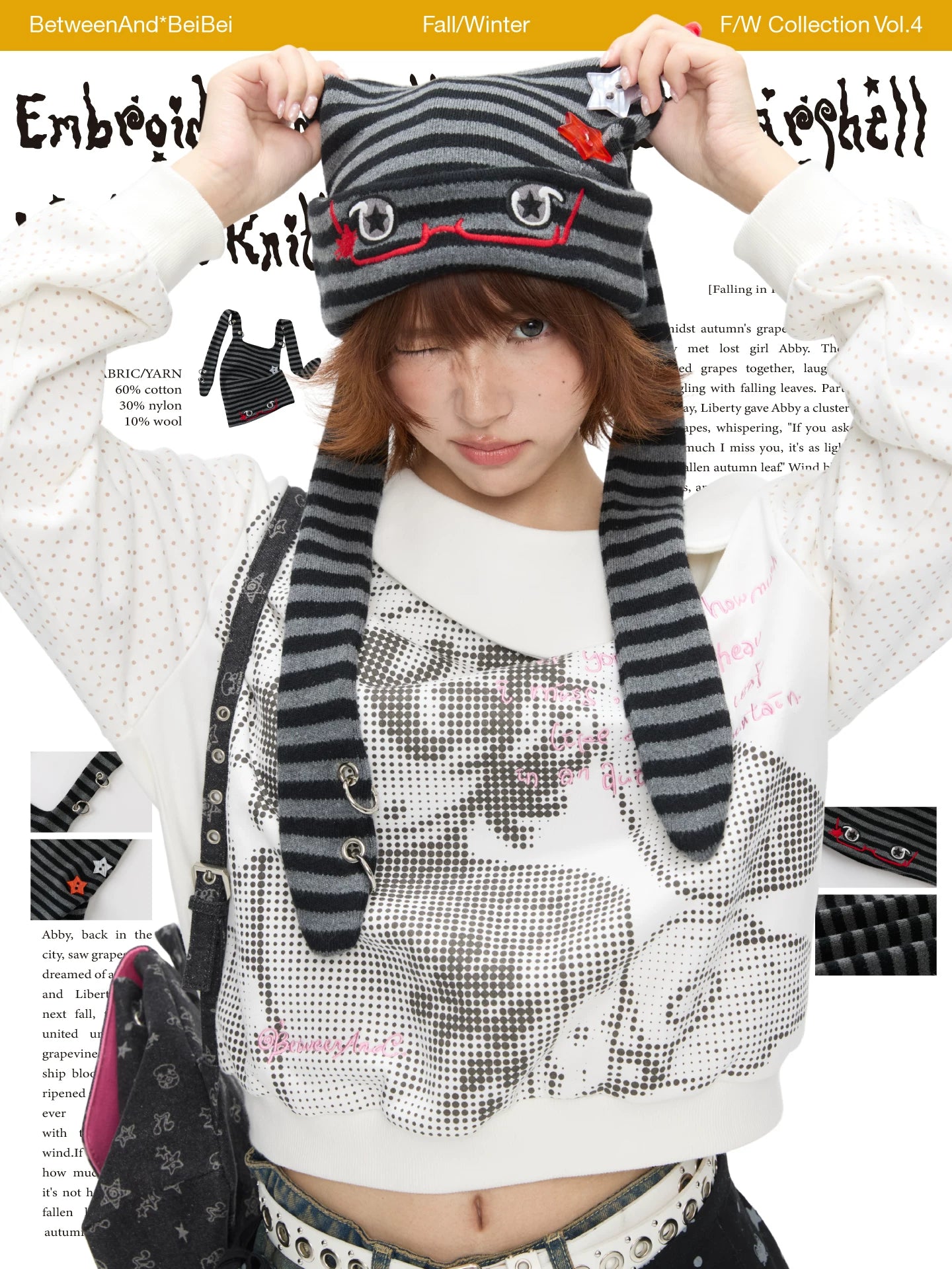 Embroidered knitted rabbit ears beanie hat