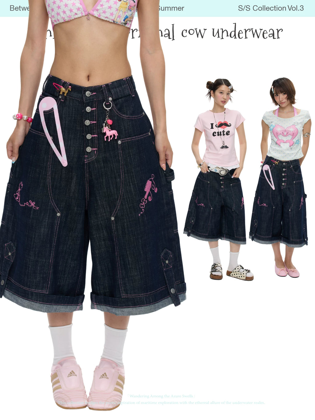 Pink stitched original cow cropped pants