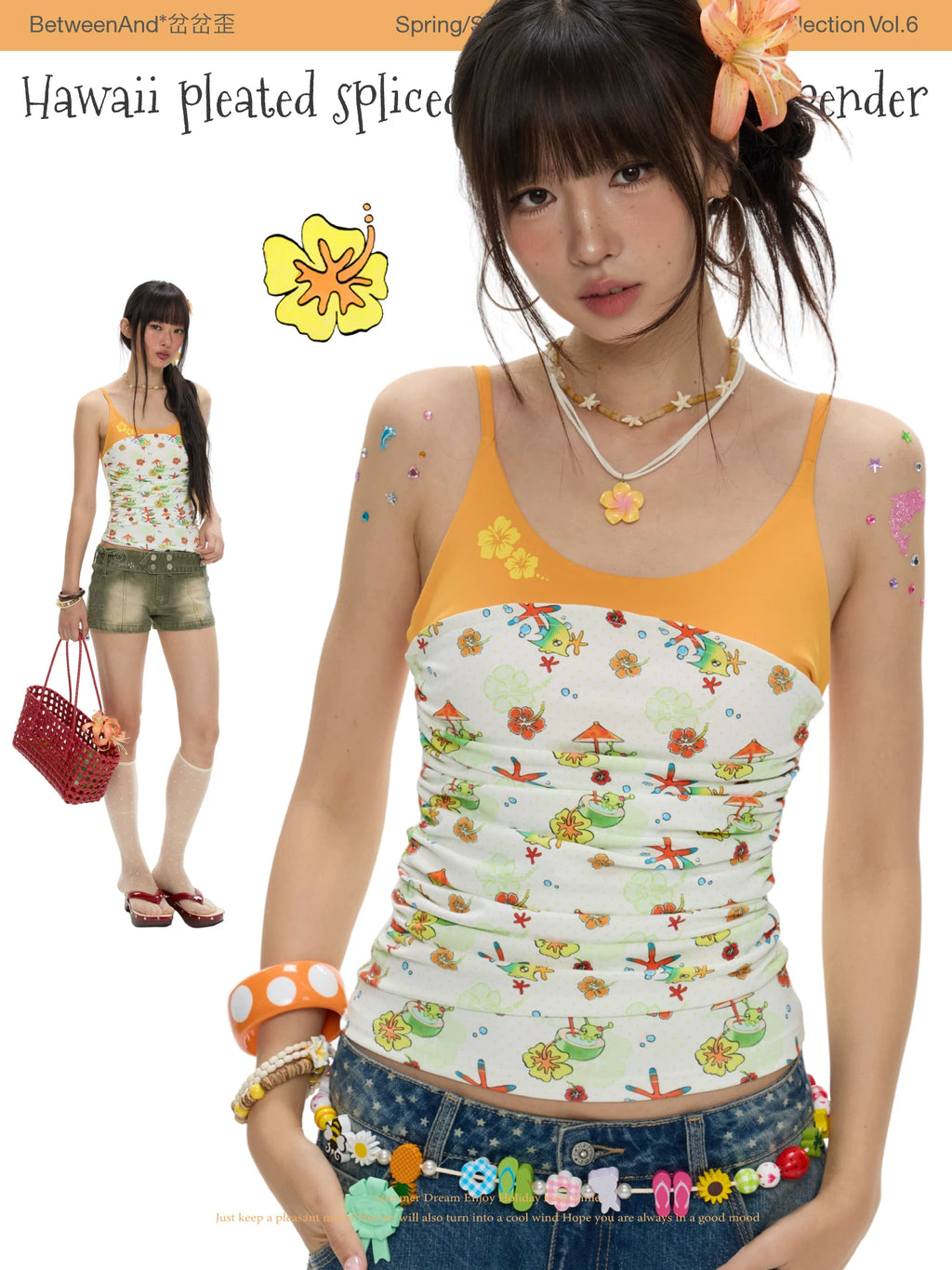 Hawaii pleated spliced contrasting suspender top